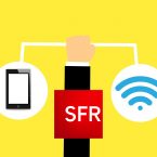 Design motion, représentant une main tenant une tablette et un icône wifi sur fond jaune SFR